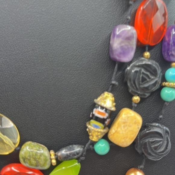 Colorful Beaded knotted Necklace with gold tone spacers - Picture 5 of 10